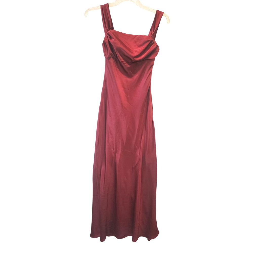 Realtix Women XS Burgundy Red Satin‎ Cowl Neck Maxi Dress Formal Evening Gown